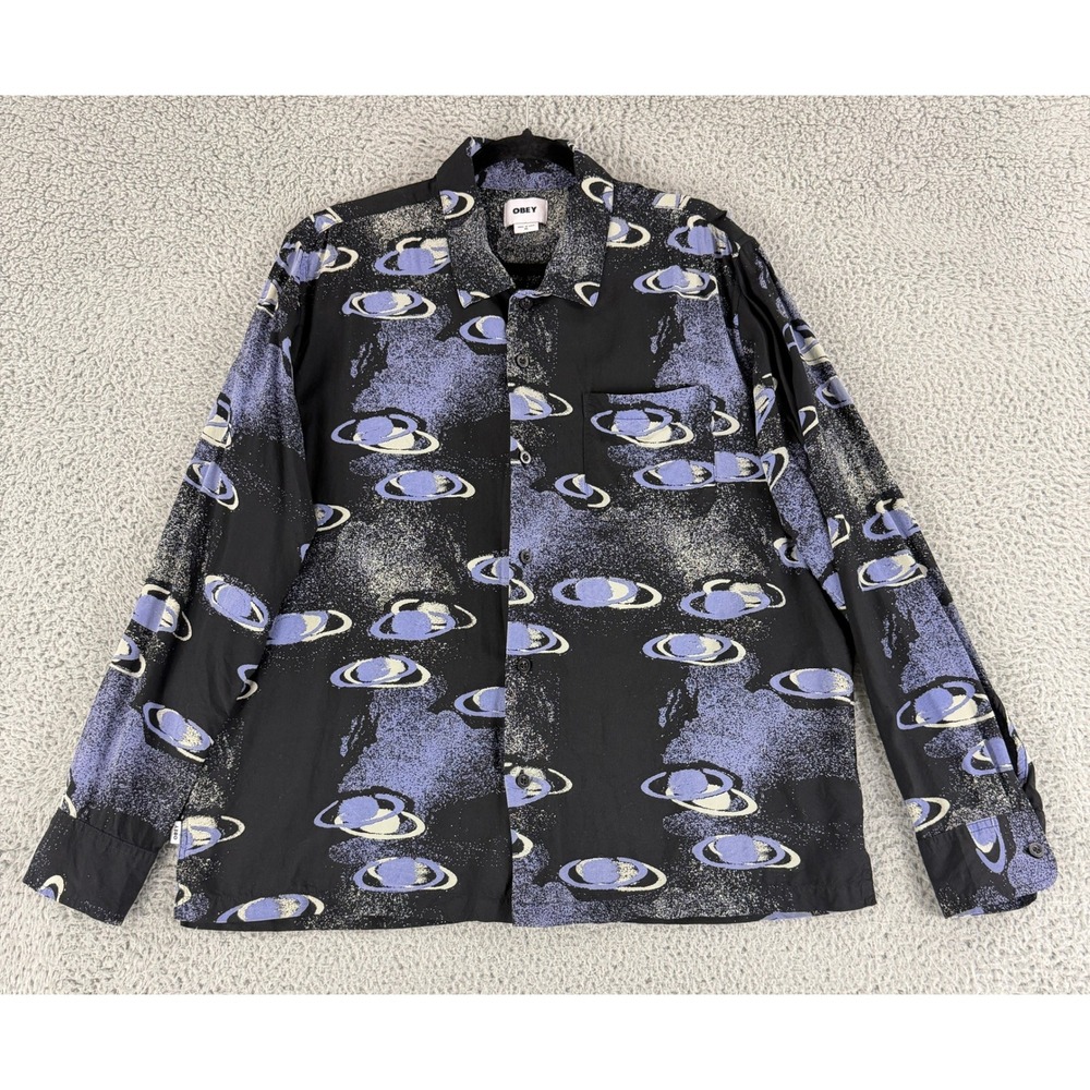 Obey Mens XL Button Down Shirt Black Galaxy Planet Print Viscose Long Sleeve